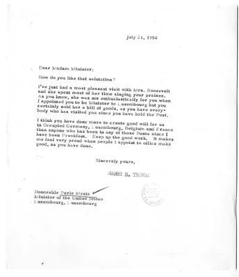 Letter from President Harry S. Truman to Perle Mesta