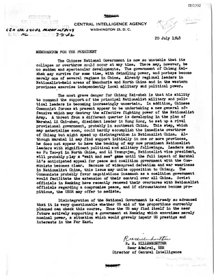 Memorandum from Rear Admiral R. H. Hillenkoetter to President Harry S. Truman