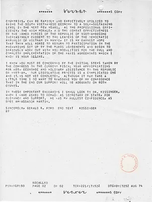 Message to South Vietnam's President Nguyen Van Thieu from Gerald R. Ford on the Day He Became President