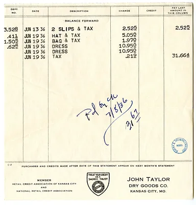 Bill from John Taylor Dry Goods Company