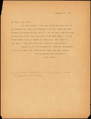 Nicola Sacco typed letter (copy) to Mrs. [Cerise] Jack, [Dedham], 12 January 1924