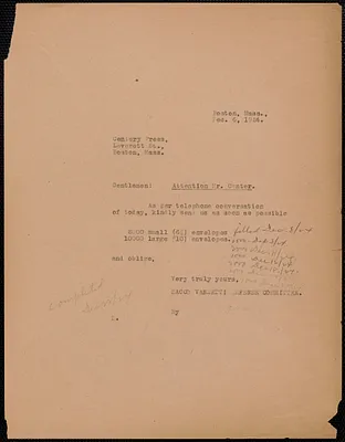Sacco-Vanzetti Defense Committee typed note (copy) to Century Press, Boston, Mass., December 6, 1924