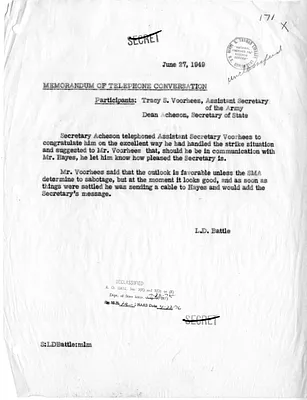 Memorandum of Telephone Conversation with Secretary of State Dean Acheson and Assistant Secretary of the Army Tracy S. Voorhees