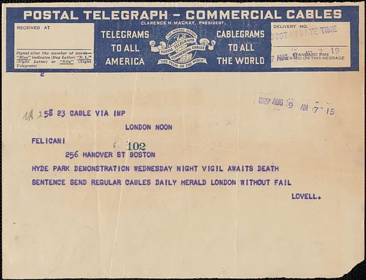 Lovell telegram to Aldino Felicani, London, Eng., August 9, 1927