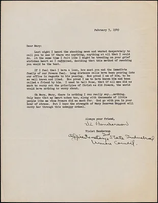 Vi[olet] Henderson (Indiana State Industrial Union Council) typed letter signed to Mary [Donovan Hapgood], February 5, 1949