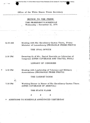 President's Schedule, Wednesday, November 12, 1975
