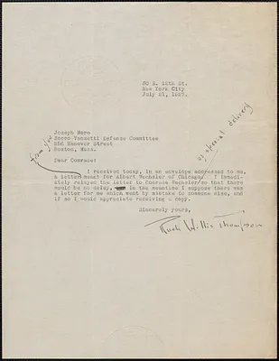 Ruth Willis Thompson typed note signed to Joseph Moro, New York, N.Y., July 21, 1927