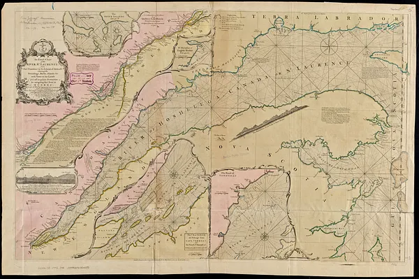 An exact chart of the river St. Laurence, from Fort Frontenac to the island of Anticosti shewing the soundings, rocks, shoals &c with views of the lands and all necessary instructions for navigating that river to Quebec