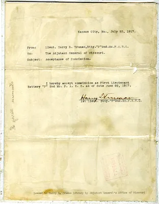 Acceptance of Commission in the Missouri National Guard by Harry S. Truman