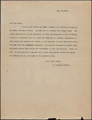 A. Lawrence Lowell typed letter (copy) to [Robert] Hale, [Cambridge, Mass.], August 29, 1927