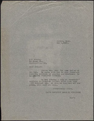 Sacco-Vanzetti Defense Committee typed note (copy) to D.H. Brauns, Boston, Mass., May 5, 1927