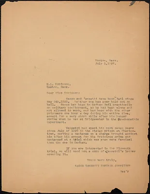 Sacco-Vanzetti Defense Committee typed letter (copy) to Edna L. Robinson, Boston, Mass., July 5, 1927