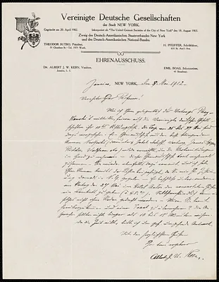 Kern, Albert J. W., b. 1857 autograph letter signed to Hugo Münsterberg, Jamaica, N.Y., 8 May 1912