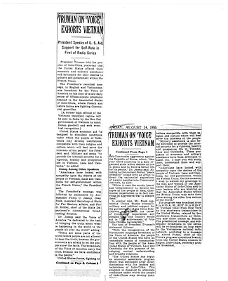 Newspaper Clipping, "Truman on 'Voice' Exhorts Vietnam"