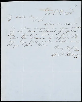 J. A. Bitting, Huntsville, Ala., autograph note signed to Ziba B. Oakes, 25 October 1856