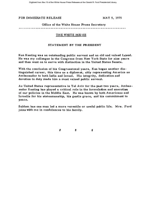 Statement by the President on the death of Ken Keating [Ford Speech or Statement]