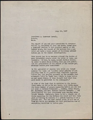 Sacco-Vanzetti Defense Committee typed letter (copy) to A. Lawrence Lowell, Boston, Mass., August 15, 1927