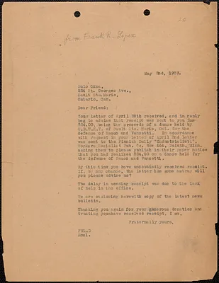 Frank R. Lopez typed letter (copy) to Sulo Oksa, Boston, Mass., May 2, 1923