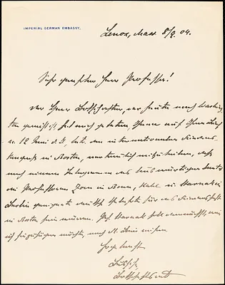 Bussche-Haddenhausen, Hilmar, 1867-1939 autograph letter signed to Hugo Münsterberg, Lenox, Mass., 08 September 1904