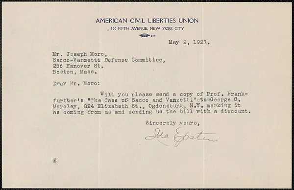 Ida Epstein (American Civil Liberties Union) typed note signed to Sacco-Vanzetti Defense Committee, New York, N.Y., May 2, 1927