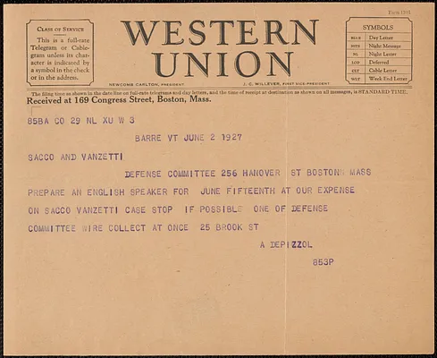A. Depizzol telegram to Sacco-Vanzetti Defense Committee, Barre, Vt., June 2, 1927