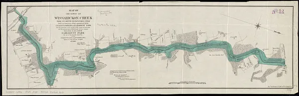 Map of the survey of Wissahickon Creek from its mouth to Paul's Mill Road defining boundaries of land appropriated by the Commissioners of Fairmount Park
