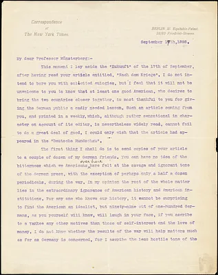 Breck, Edward, 1861-1929 typed letter signed to Hugo Münsterberg, Berlin, 17 September 1898