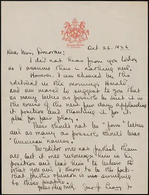 John J. Leary, Jr. autograph letter signed to Mary Donovan, Boston, Mass., October 26, 1926
