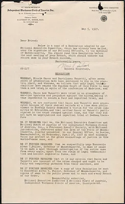 Morris H. Tubiash (Independent Workmens Circle of America, Inc.) typed letter (circular, resolution), Boston, Mass., May 5, 1927