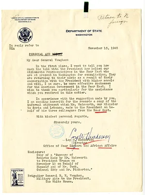 Letter from Loy Henderson to Brigadier General Harry Vaughan, with Attachment