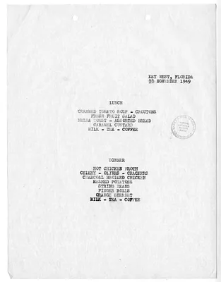 Menu for President Harry S. Truman's  Visit to Key West, Florida