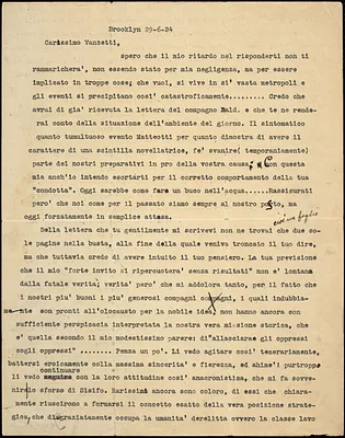 Joseph A. Ienuso typed letter signed to Bartolomeo Vanzetti, Brooklyn, 29 June 1924