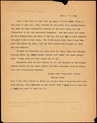 Nicola Sacco typed letter (copy) to [Elizabeth Glendower Evans], [Dedham], 7 July 1925