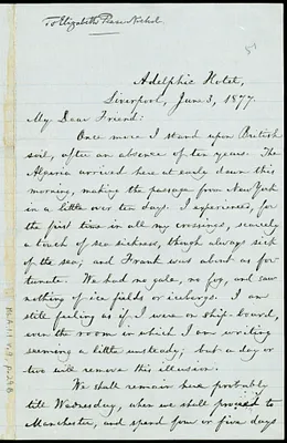 Letter from William Lloyd Garrison, Adelphic Hotel, Liverpool, [England], to Elizabeth Pease Nichol, June 3, 1877