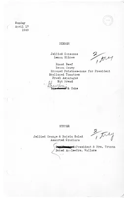 White House Dinner and Supper Menu