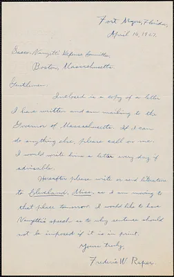Frederic W. Raper autograph letter signed to Sacco-Vanzetti Defense Committee, Fort Myers, Fla., April 14, 1927