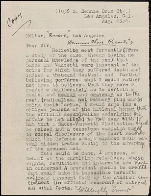 "Willoughby Smart" typed letter signed to Editor, "Record" Los Angeles, Los Angeles, Calif., August 23, [1927]