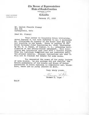 Letter from Thomas Pope to Daniel F. Clancy