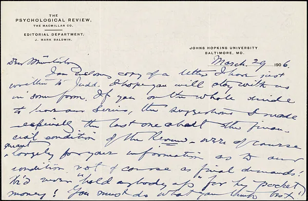 Baldwin, James Mark, 1861-1934 autograph letter signed to Hugo Münsterberg, Baltimore, 29 March 1906