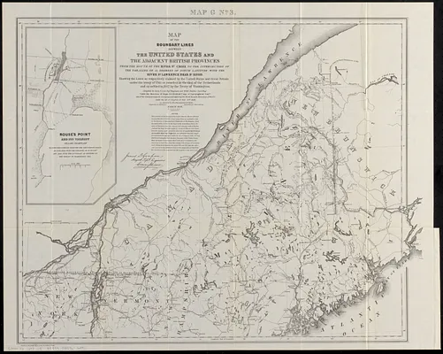 Map of the boundary lines between the United States and the adjacent British provinces from the mouth of the River St. Croix to the intersection of the parallel of 45 degrees of north latitude with the River St. Lawrence near St. Regis showing the lines as respectively claimed by the United States and Great Britain under the treaty of 1783, as awarded by the King of the Netherlands and as settled in 1842 by the Treaty of Washington