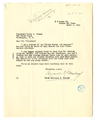 Letter from Lorraine Maloof to President Harry S. Truman