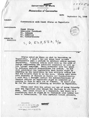 Memorandum of Conversation with Secretary of State Dean Acheson, Ambassador Italy Alberto Tarchiani, Foreign Minister of Italy Count Carlo Sforza, Mr. Satterthwaite, Mr. Unger, and Theodore Achilles