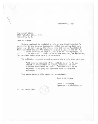 Letter from James Beckerley to Stewart Alsop with Related Material