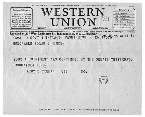 Telegram from Senator Harry S. Truman to Edgar Hinde