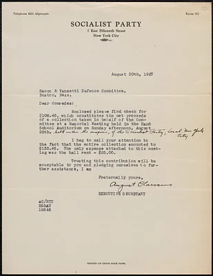 August Claessens (Socialist Party) typed letter signed to Sacco-Vanzetti Defense Committee, New York, N. Y., August 30, 1927