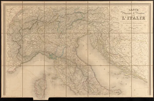 Carte physique & routière de l'Italie indiquant les distances d'un relais à l'autre et les dernières divisions politiques