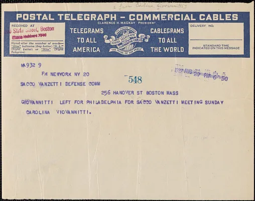 Carolina Giovannitti telegram to Sacco-Vanzetti Defense Committee, New York, N.Y., August 20, 1927