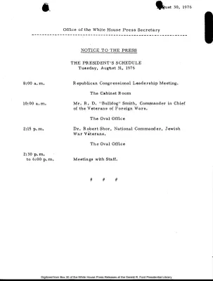 President's Schedule, Tuesday, August 31, 1976