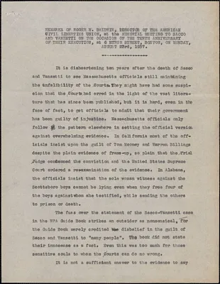 Typed remarks of Roger N. Baldwin (American Civil Liberties Union), Boston, Mass., August 23, 1937