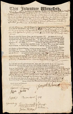 Joseph Ranstead indentured to apprentice with Joseph Warren of Roxbury, 27 March 1747